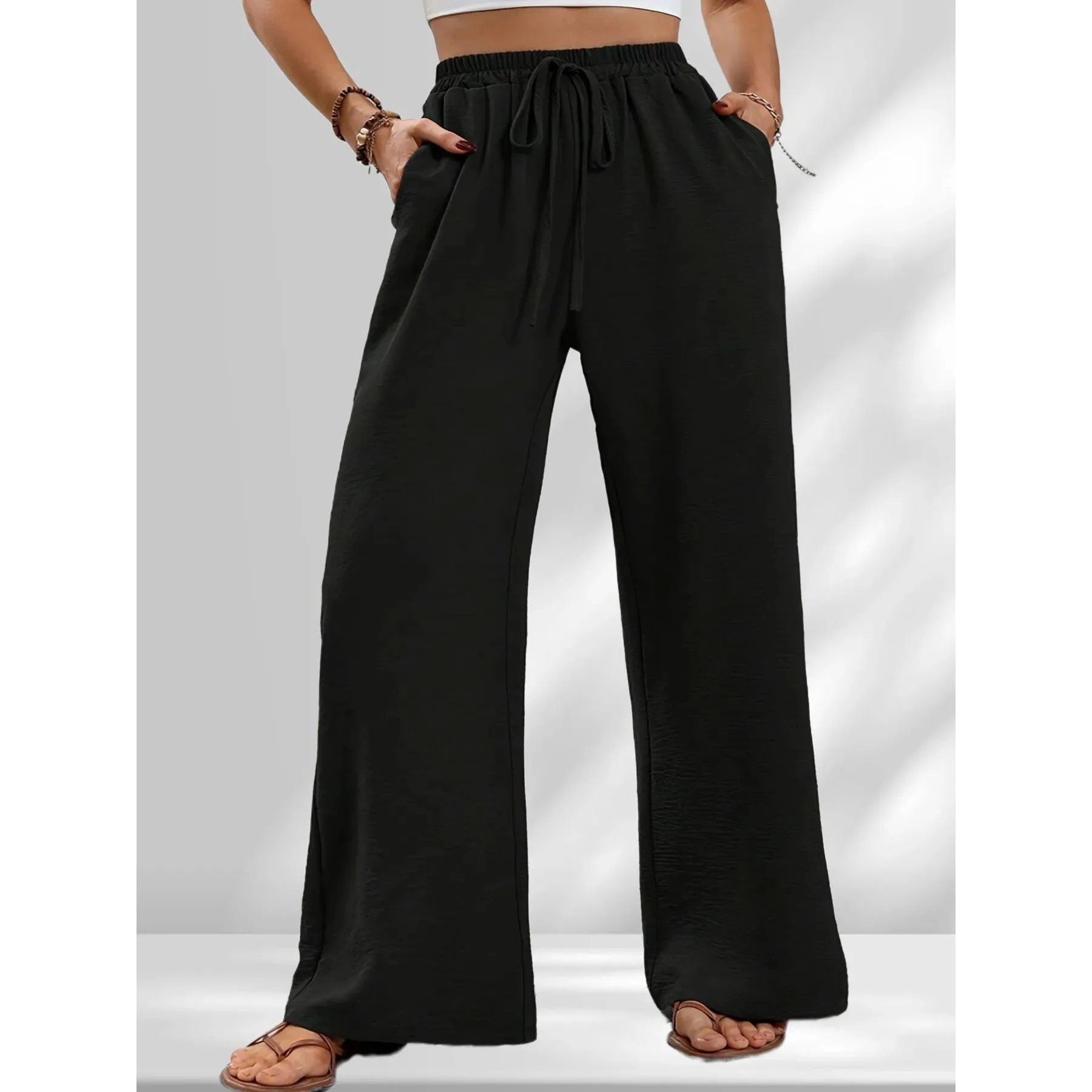 

Женские модные повседневные брюки большого размера с широкими штанинами, приталенные, с высокой талией, зимняя коллекция, женская мода