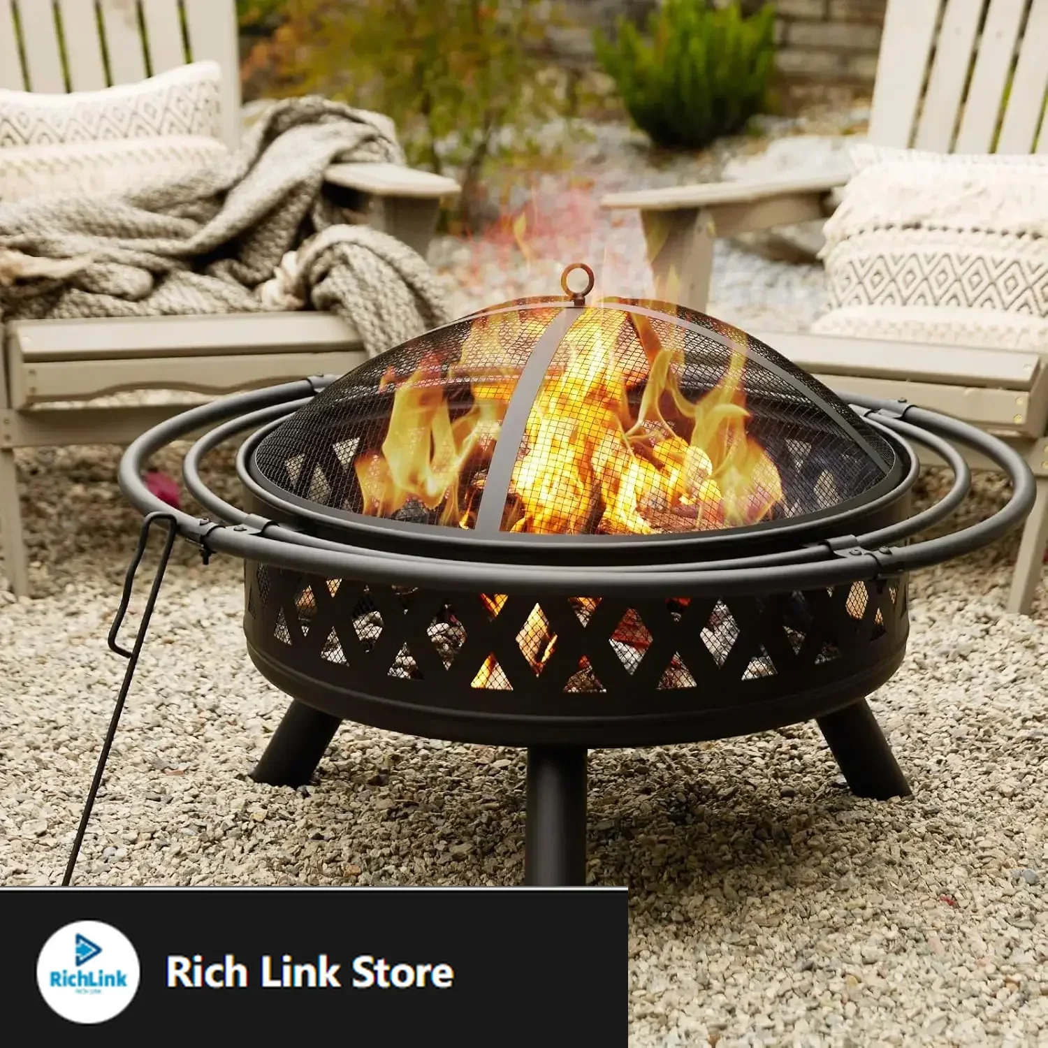 

35 Inch Fire Pit, Outdoor Wood Burning Fire Pit Crossweave with Spark , for Backyard Patio Garden Bonfire, Black