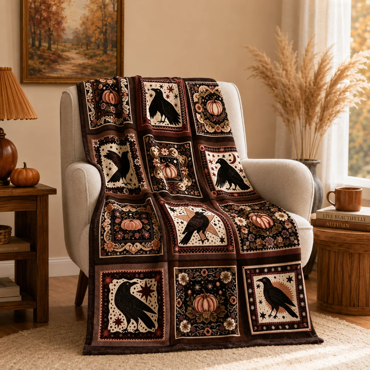 Halloween Vintage Palace Style Flannel Throw Blanket Cozy All-Season Essential for Couch Bed Sofa Fuzzy Plush Home Bedroom Decor