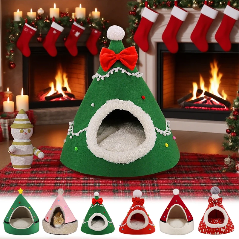 

Christmas Themed Cat House Warm Plush Semi Enclosed Detachable Cave Bed for Indoor Cats Small Dogs Winter Sleep Foldable Nest