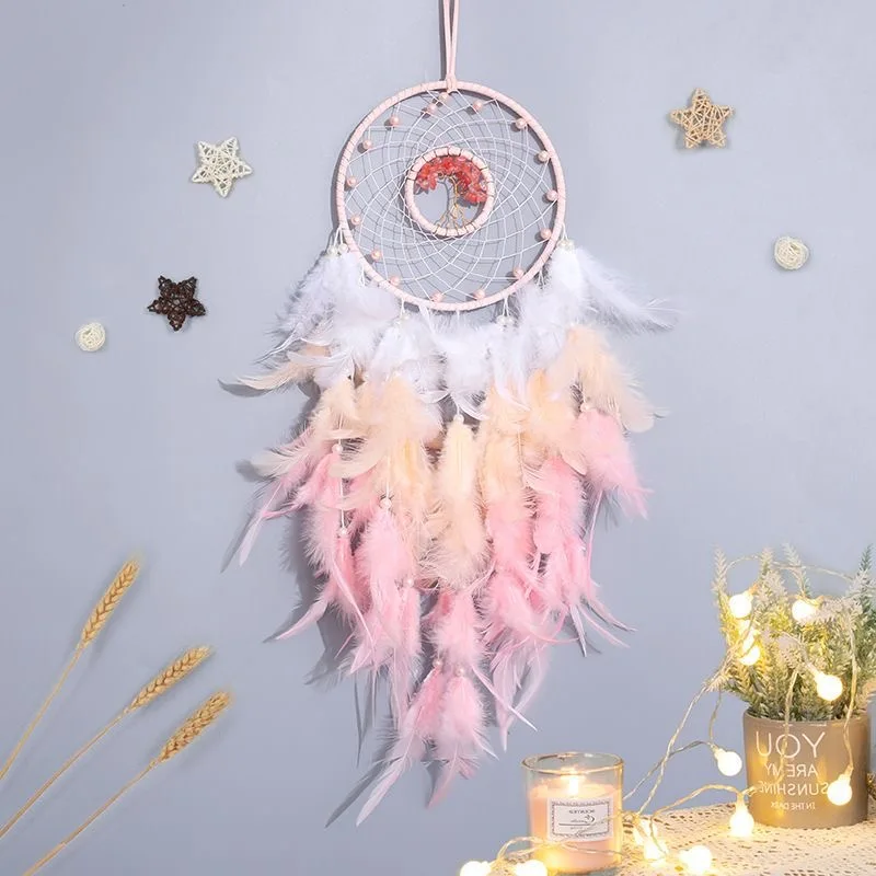 Pink Dreamcatcher Wall Pendant Hand‑Woven Life Tree Decoration Colorful Natural Feather Wall Hanging for Party Bedroom Gift.