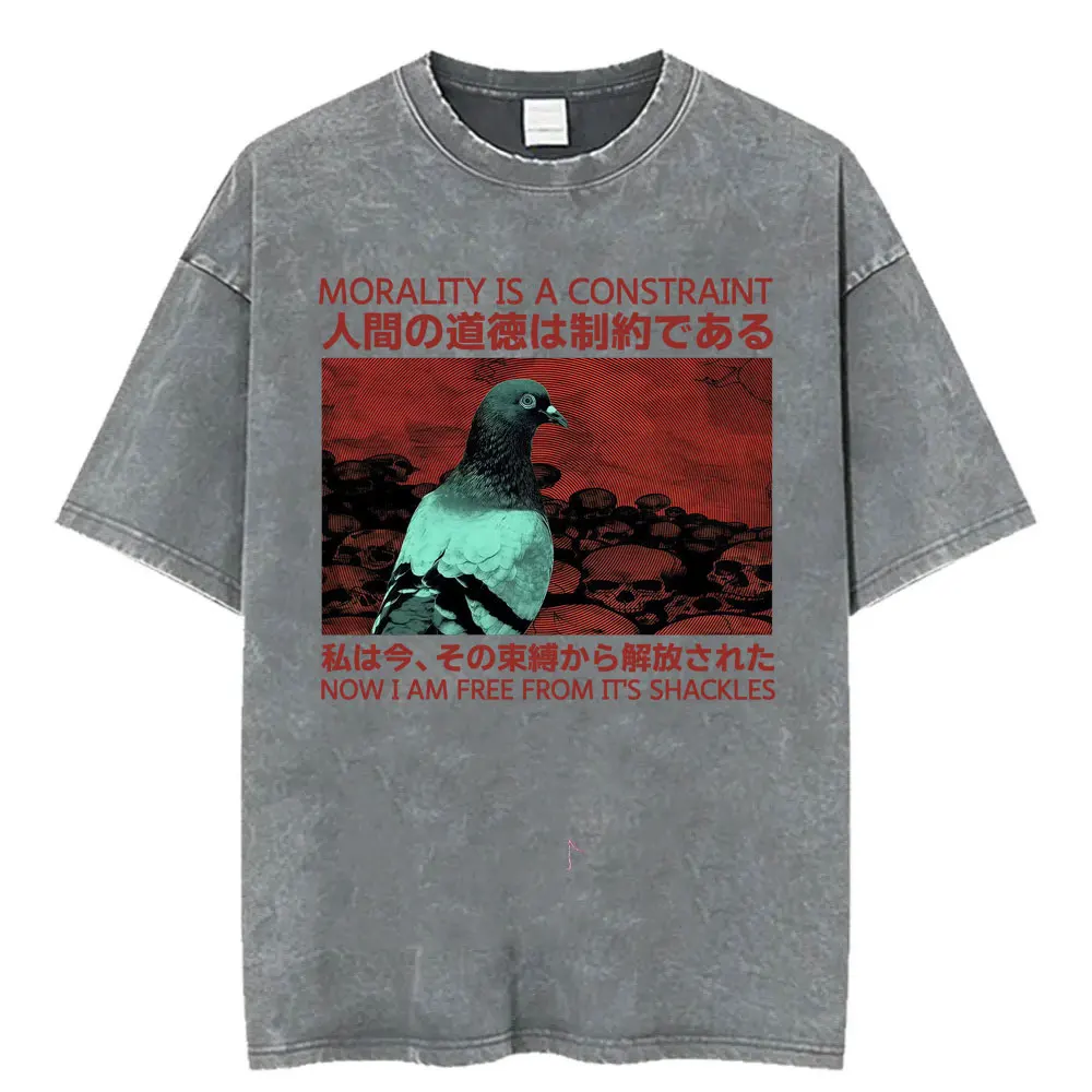 Morality Is A Constraint Funny Pigeon Japanese Style Vintage Washed T-shirts Men Women Harajuku Gothic Loose T Shirts Streetwear