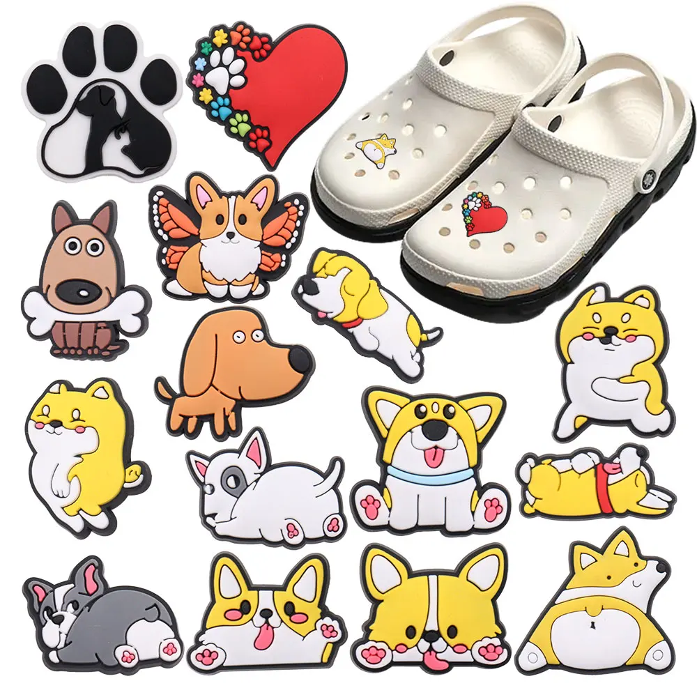 

New Arrival 1-15pcs Shoe Charms Cute Yellow Corgi Dog Dachshund PVC Accessories Shoes Buckle Decorations For Children X-mas Gift