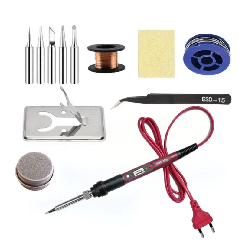 80W Soldering Iron Kit Adjustable Temperature LCD Solder Welding Tools Ceramic Heater Soldering Tips Tweezers Soldering Wire