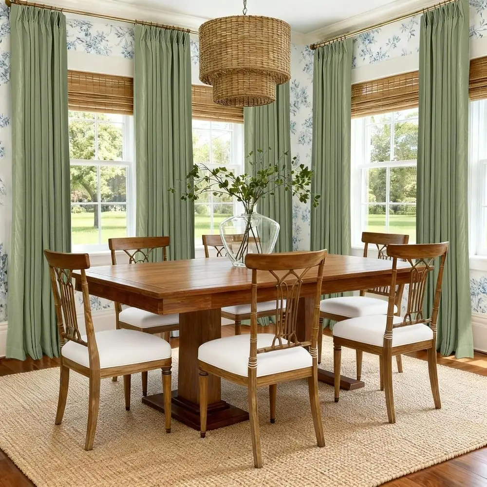 リネン混紡100%遮光カーテン、40x90、20個のフック、2枚セット、セージグリーン、寝室とリビングルーム用