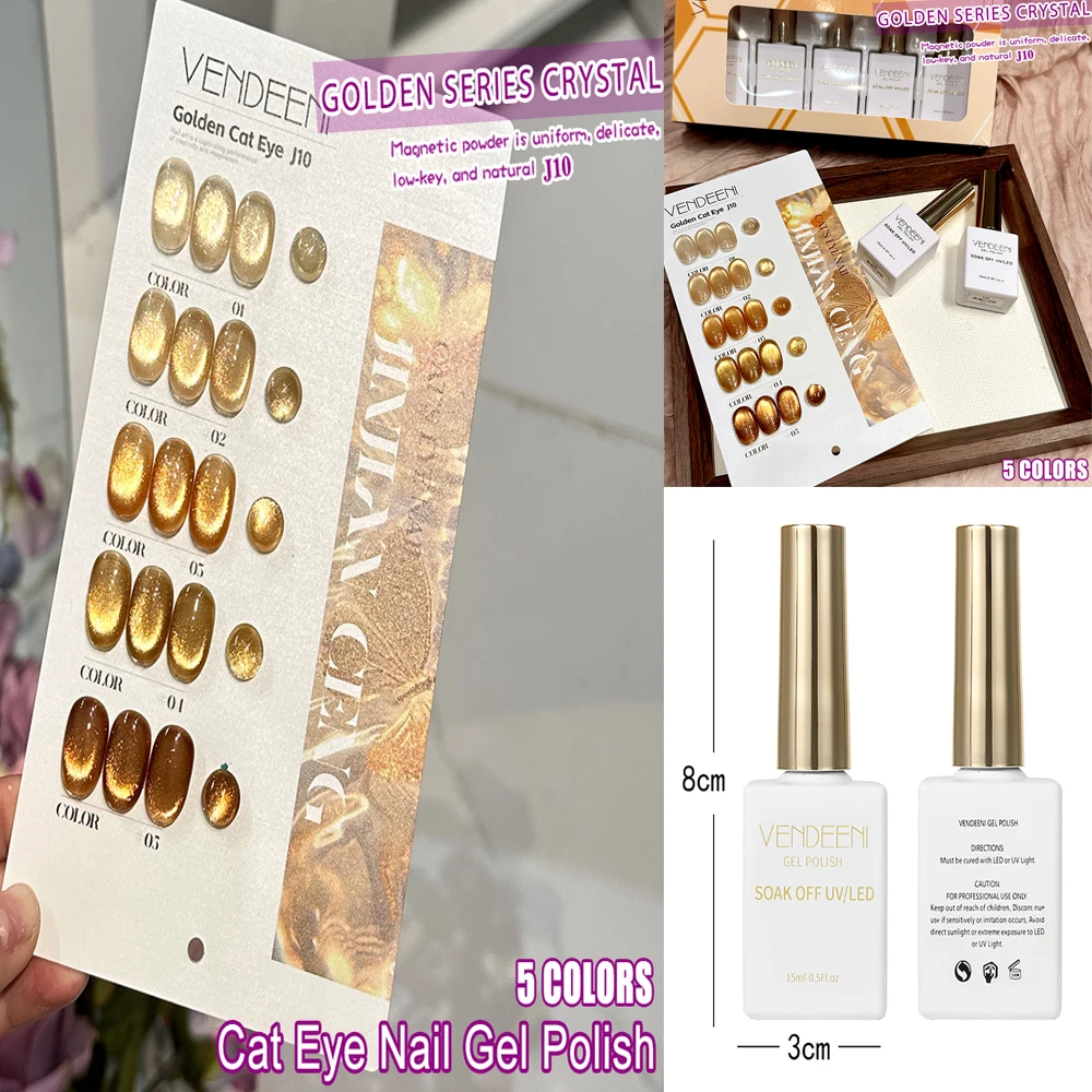 

Vendeeni 5 цветов/набор золотой прозрачный гель-лак для ногтей «кошачий глаз» УФ-светодиодный блестящий кристаллический магнитный лак для ногтей с цветной картой