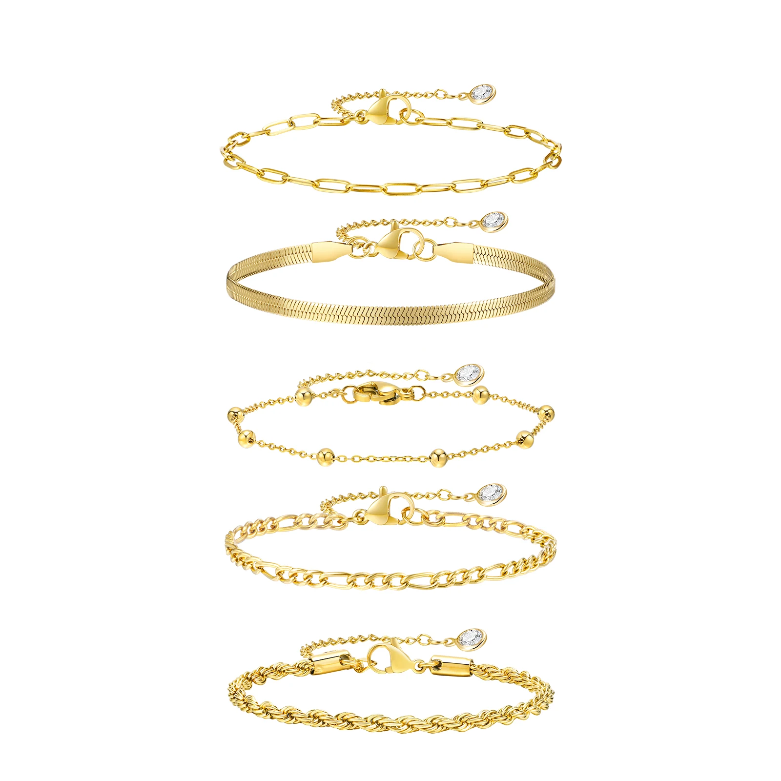 Gold Plated Bracelets Set for Women, 5pcs Chain Link Stainless Steel Statement Bracelet Stackable Layered Jewelry Adjustable