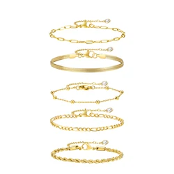 Gold Plated Bracelets Set for Women, 5pcs Chain Link Stainless Steel Statement Bracelet Stackable Layered Jewelry Adjustable
