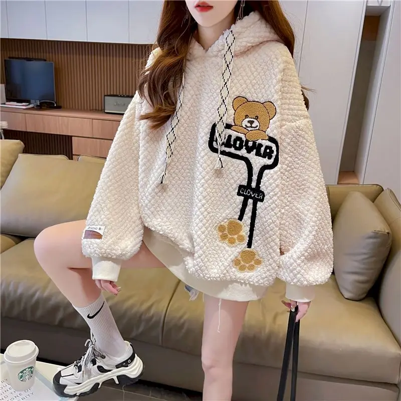 

Fashion Kawaii Hoodies Women Autumn Winter Trend Hooded Plush Thicken Hooded Coats Casual Loose Warm Hoodie Design Sense Y2k Top