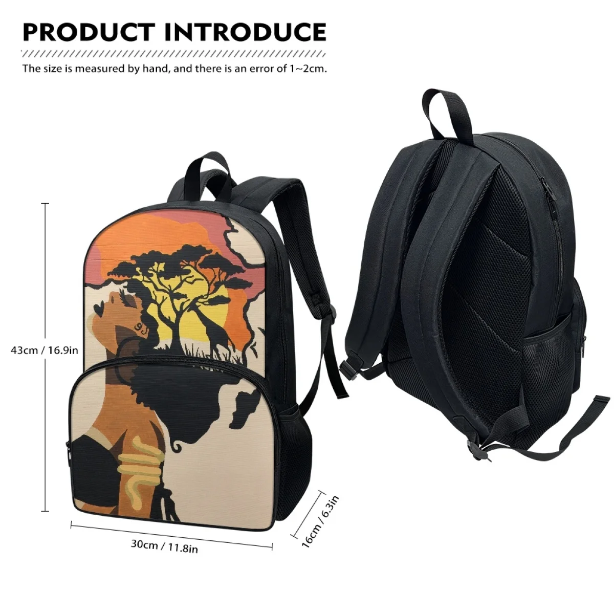 FORUDESIGNS Sacs à dos Afro Root/Girl Print Double Zipper Waterproof Cartables Étudiants Utilitaire Stockage Papeterie Bookbags