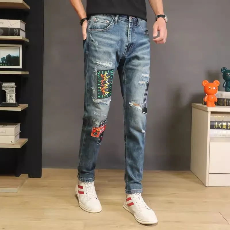 Street Fashion Men Jeans Retro Washed Blue Stretch Slim Fit Ripped Jeans Men Hole Patched Designer Hip Hop Denim Pants Hombre