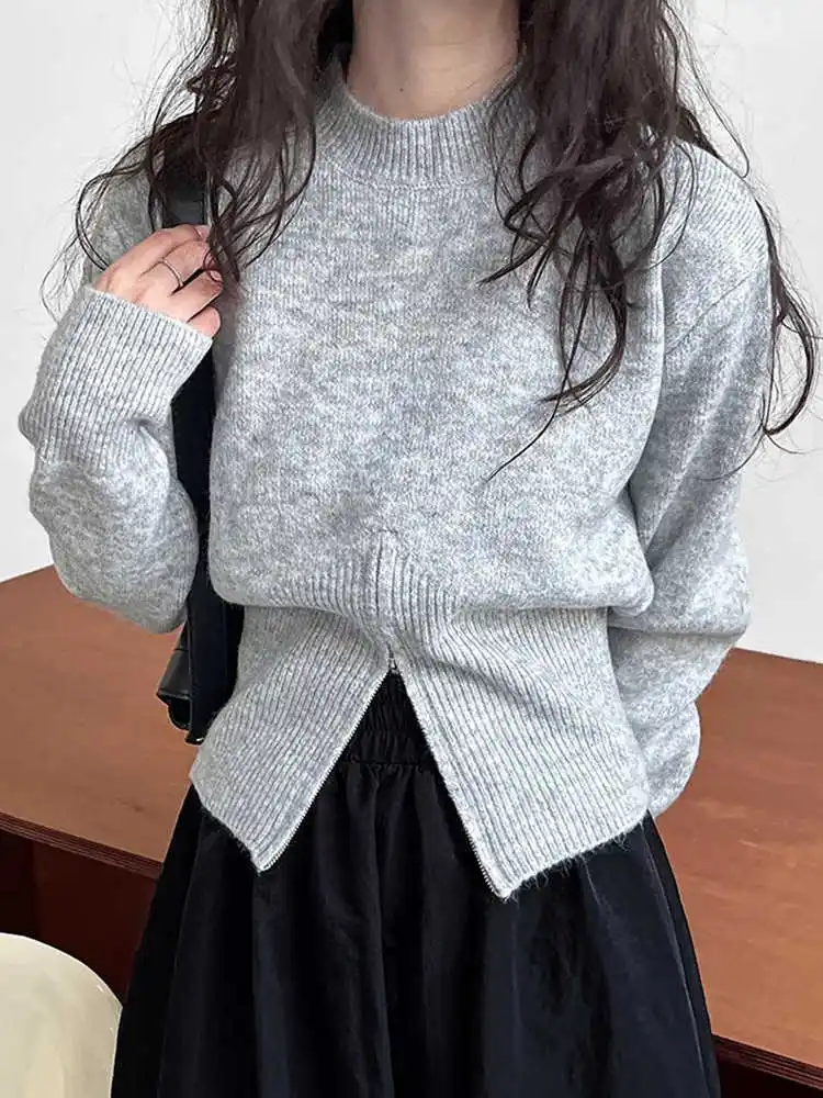 Grey Sweater Women Autumn Winter Pullovers Girl Design Sense Half Zipper O-neck Knitted Sweaters Tops Women’s Clothing