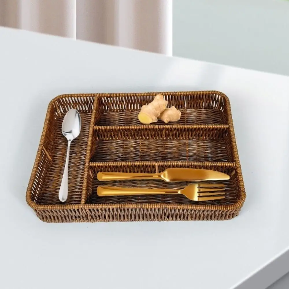 4 Grids Plastic Woven Storage Basket Rectangular Washable Kitchen Drawer Organizer Anti-Slip Handmade Storage Basket Forks