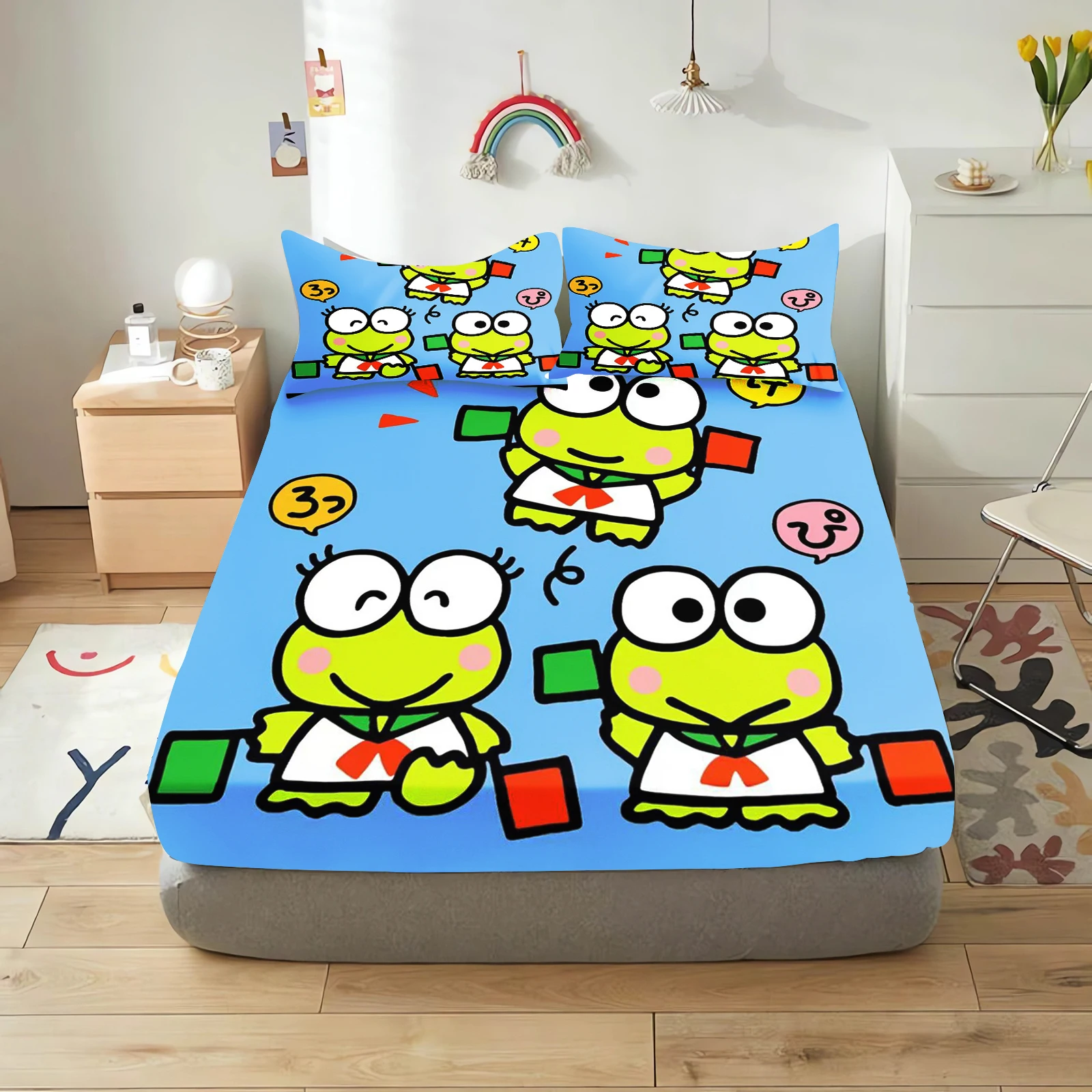 Keroppi Fitted Sheet Polyester Children Big Eyed Frog Cartoon Elastic Sheets Soft Cover Cute Digital Printing New Design