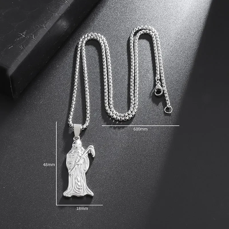 New Stainless Steel Santa Muerte and Scythe Pendant Necklace Amulet Jewelry Birthday Gift Accessories for Men and Women