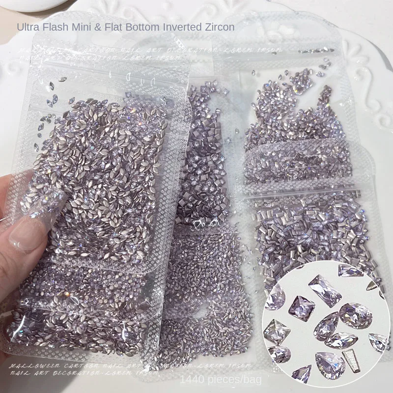 1440 Pieces of Light Purple Per Bag, Super Sparkling Mini Flat Bottomed Inverted Edge Zircon Nail Art DIY Essential Accessory