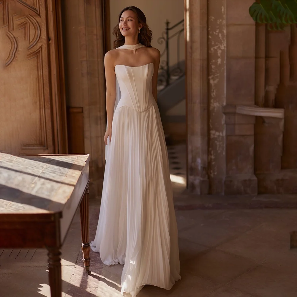Elegant White Bridal Gown Strapless Pleated Skirt Corset Back A Line Floor Length Wedding Dress for Bride with Scarf Customized