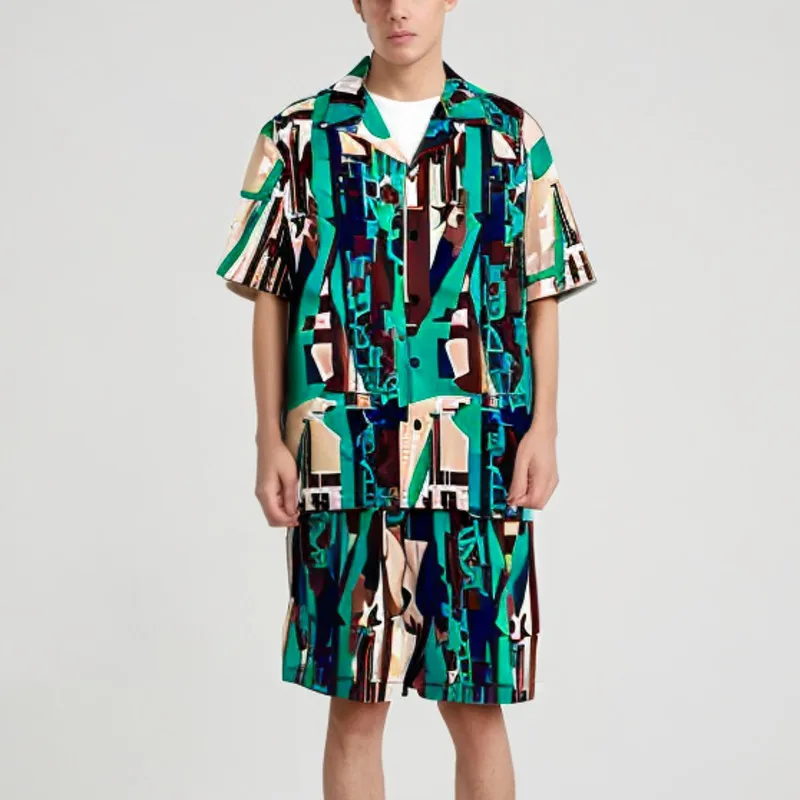 Mnes Vacation Outfits 2024 Fashion Irregular Geometric Color Blocked Short Sleeve Shirt and Shorts Leisure Suit Two Piece Set