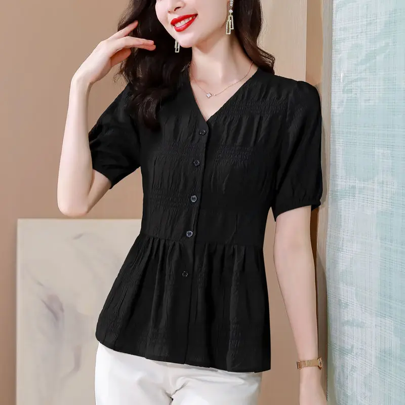 Simplicity Office Lady Summer Women\'s V-Neck Solid Pleated Corset Single Breasted Fashion Elegant Loose Short Sleeve Shirts Tops