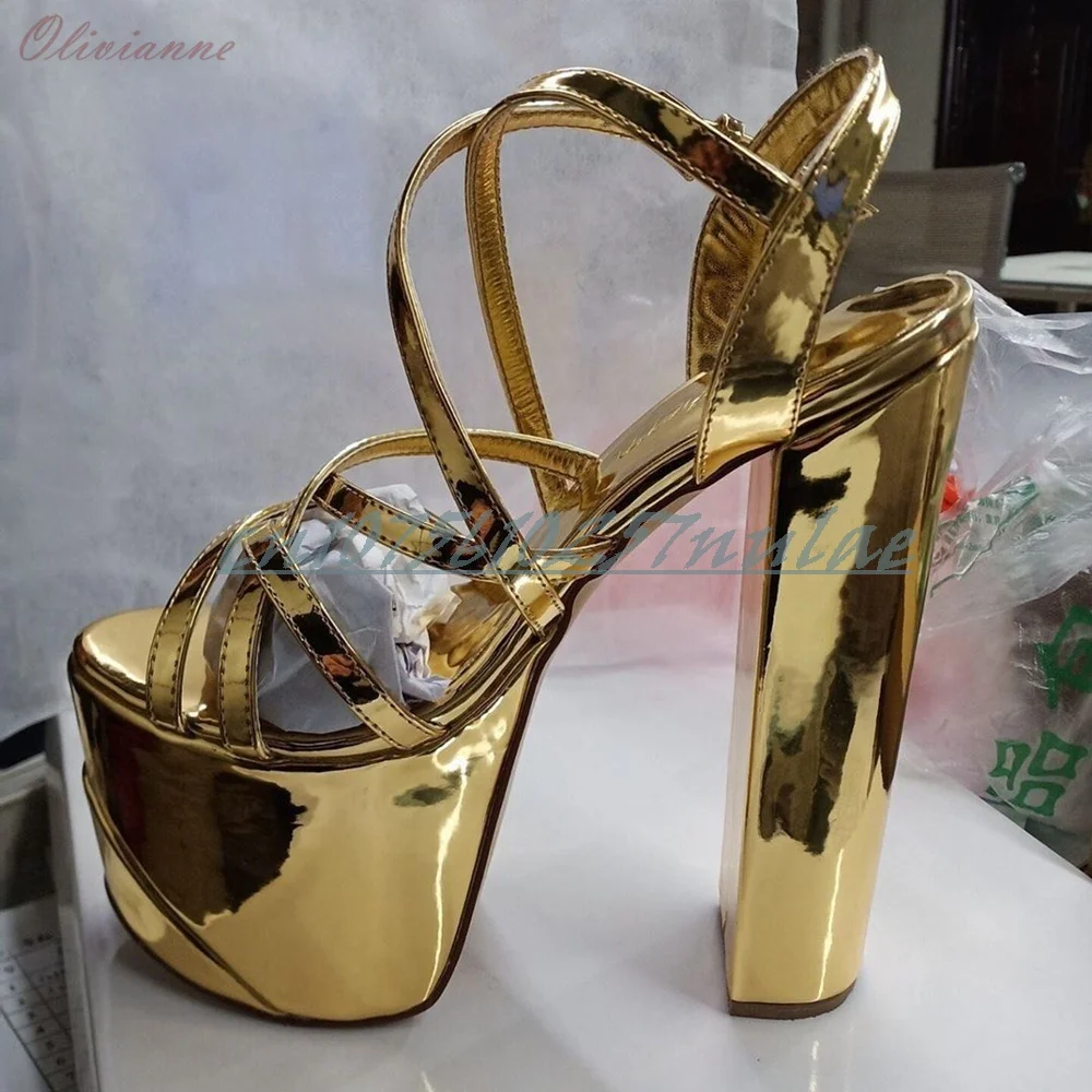 

Gold Shiny Leather Cross Tied Platform Sandals Chunky High Heel Hollow Ankle Buckle Strap Fashion Sexy Women Shoes 2026 Hot Girl