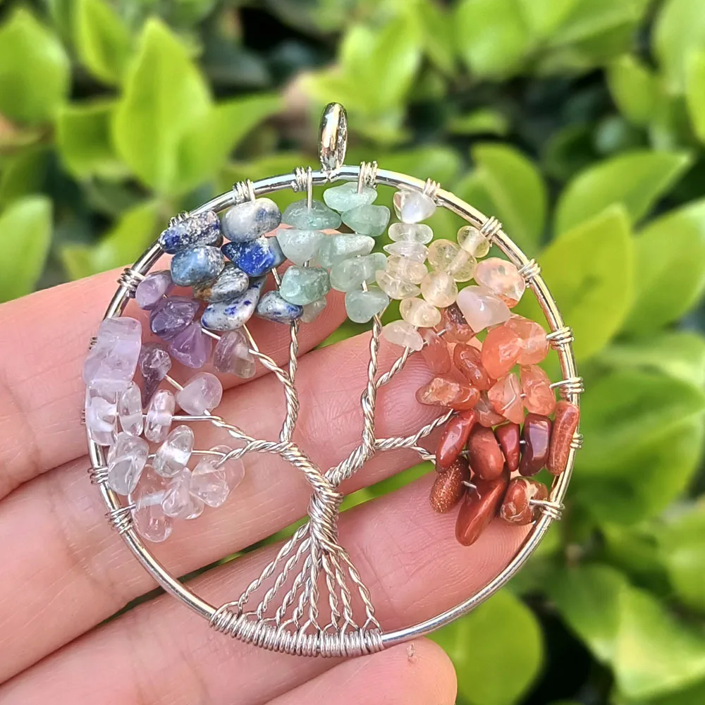 Women Men Rainbow 7 Chakra Tree Of Life Spall Stone Crystal Chips Pendant Necklace Multi Wisdom Tree Natural Stone Necklace