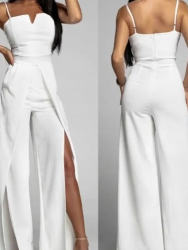 

Sexy Split Csole Jumpsuit Women's High Waist Wide Leg Pants Long Sve Thin Fabric Commute Sle Spring Collection
