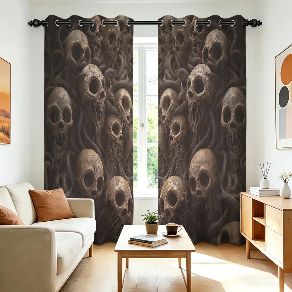 2Pcs Perforated Blackout Curtain Light Block Privacy Drape Living Bedroom Halloween Skull Crow Gothic Horror Window Decor