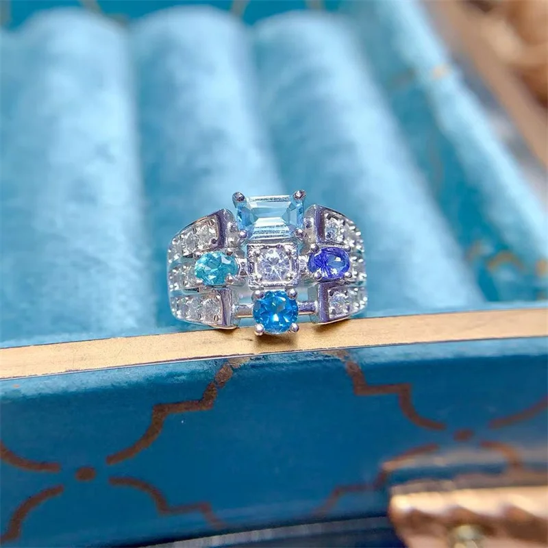 925 Sterling Silver Natural Topaz Tanzanite Wedding Ring for Women Gemstone Bride Anniversary Jewelry Gift with Certificate