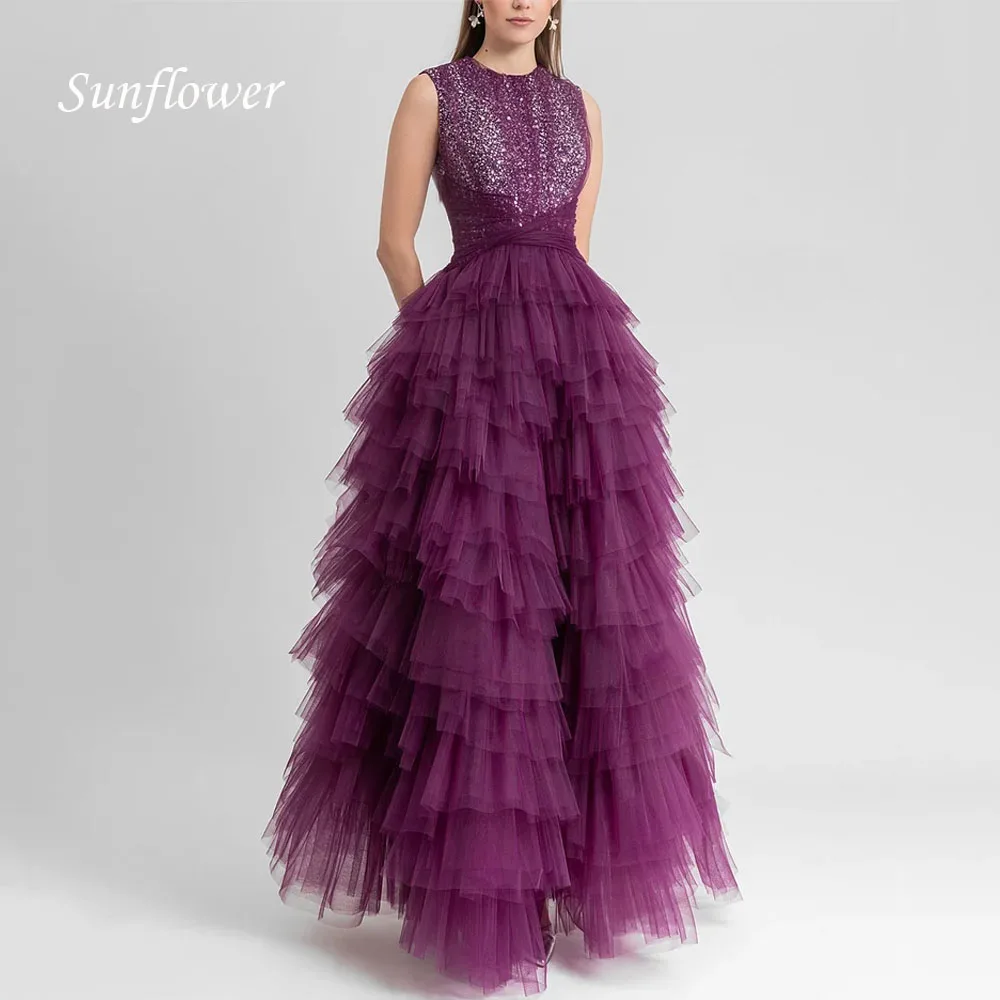 

Sunflower Purple Sequined O-Neck Tulle A-LINE فساتين السهرة Sleeveless Party Prom Dress Prom dresses Formal vestidos de fies