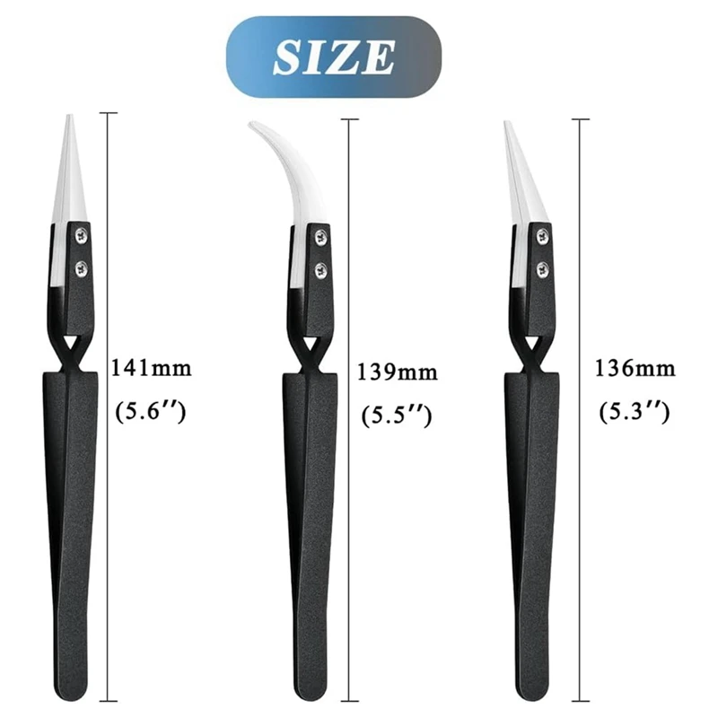 3Pcs Precision Ceramic Reverse Tweezers, Straight & Curved Tips Tweezers Set, Stainless Steel Tweezers-A22G