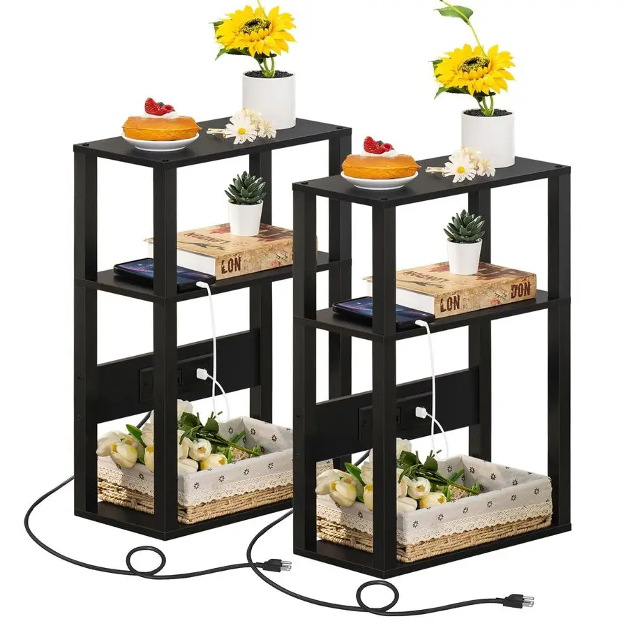 

3Tier Small Narrow Wood Side Table Set of 2 with Charging Station Skinny Nightstand for Small Spaces, Slim Bedside Table with U