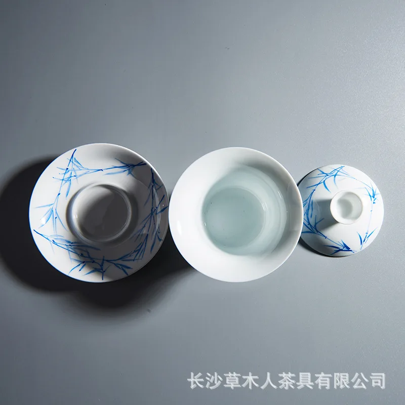 Blue and White Hand Drawn Bamboo Tureen Egg-Shell Porcelain Leaf Gaiwan Tea Brewing Bowl Kung Fu Set