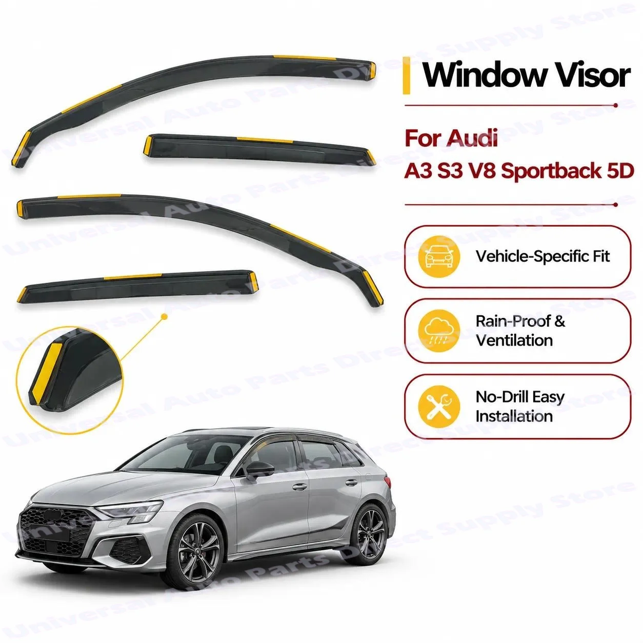 In Channel Wind Deflector for Audi A3 S3 V8 2012- Sportback Rain Guard Window Deflector Weatherproof Durable Easy Fit Noise Free