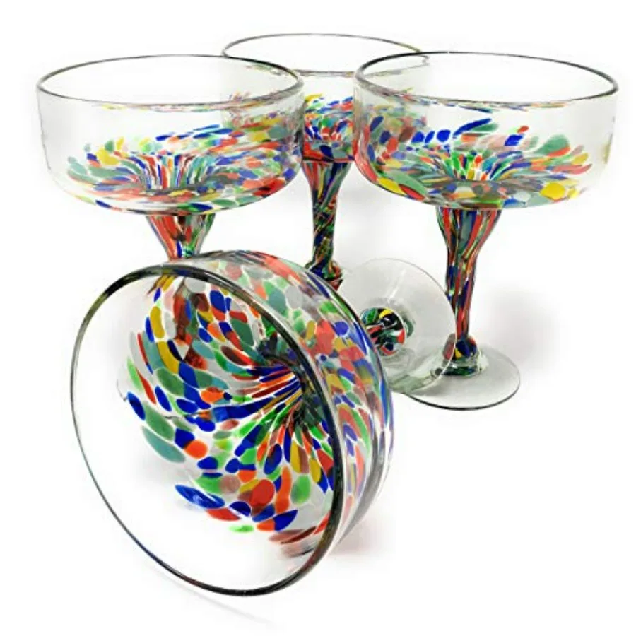 

Mexican Hand Blown Glass Set of 4 Confetti Carmen Margarita Glasses 16 oz Perfect for Cocktail Parties Beach Themes and Elegant