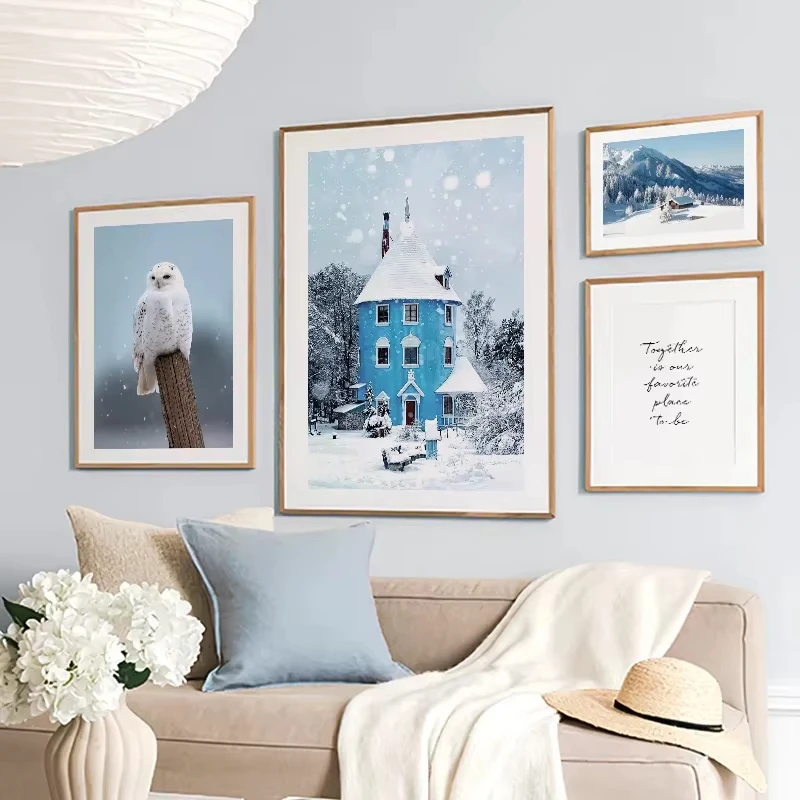 Wall Art Winter Snow Mountain River Deer House Forest Canvas Painting Nordic Posters and Prints Living Room Decoration Pictures