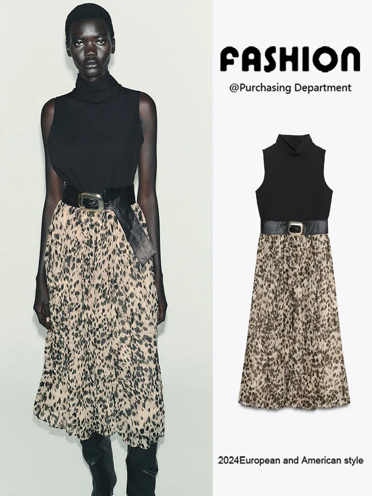 

Новинка осени ZA2025 женский лоскутный принт с животным принтом и поясом миди Dr Faionable Ele Sle 2025 сезонный выпуск