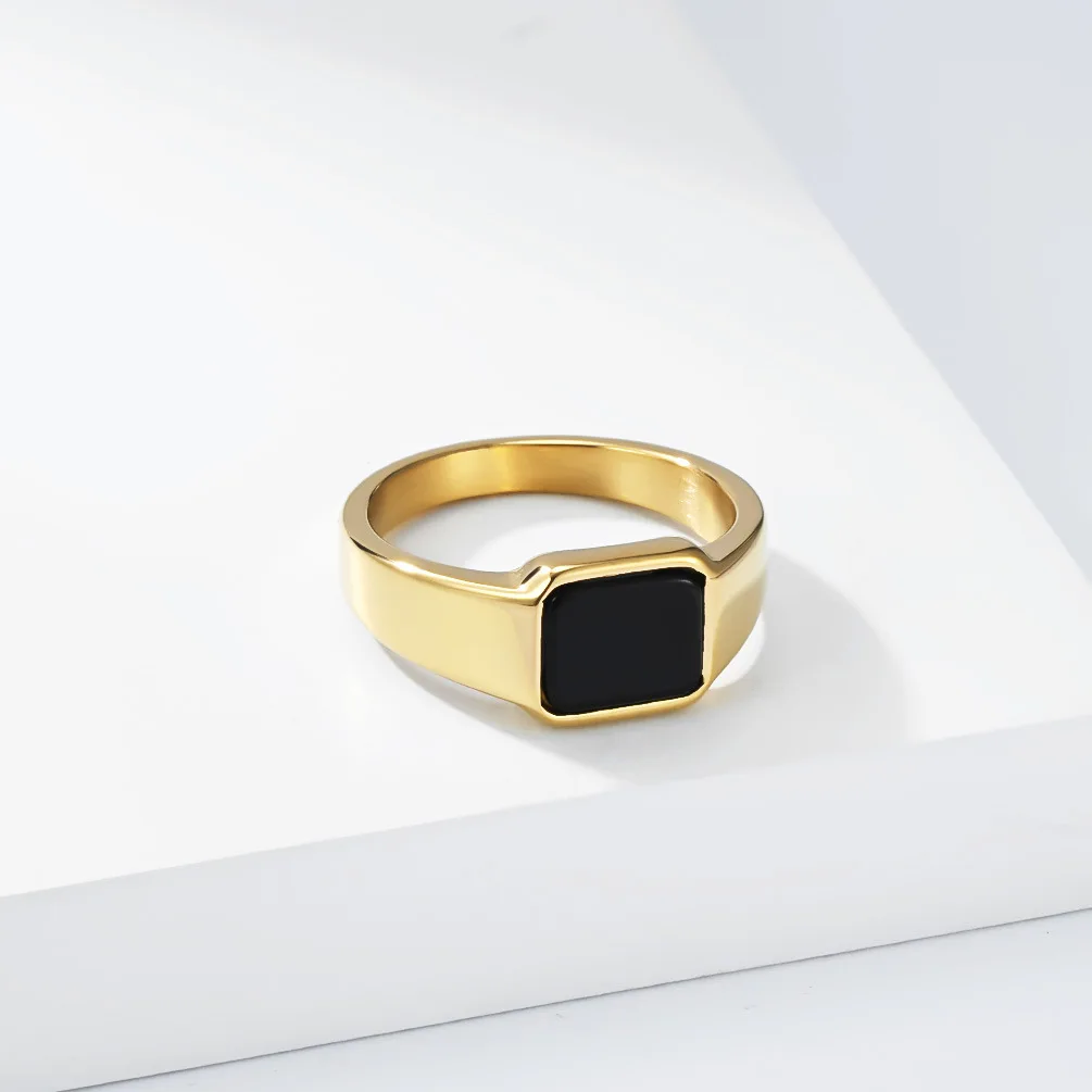 Luxuriöser geometrischer Ring mit schwarzem Edelstein im minimalistischen Stil aus Titanstahl für Damen, trendiger Schmuck, Weihnachtsgeschenk – Detail 7