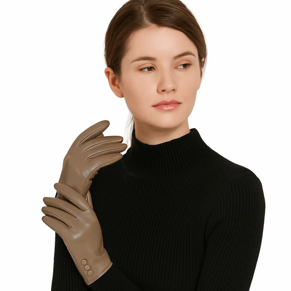 Fashion Solid Color Full Finger Mittens Button PU Women Leather Gloves Keep Warm Thickened Touch Screen Gloves Winter