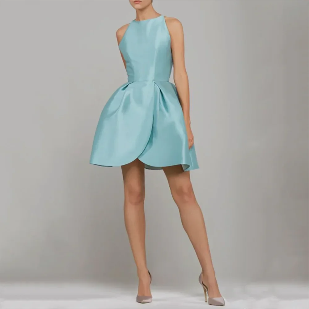 

Sky Baby Blue Dresses Women Sleeveless Short Prom Dress Fashion A line Mini Cocktail Party Gowns Satin Customized