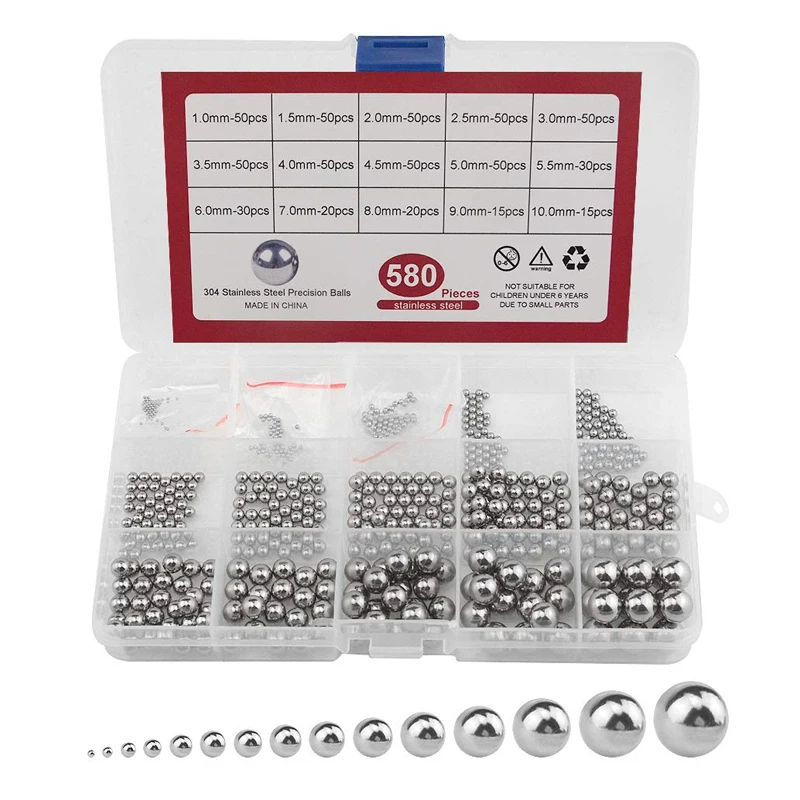 

580Pcs 15Kinds 304 Stainless Steel Precision Chrome Steel Bearing Ball Assortment Kit 304 Stainless Steel Solid Ball Dia 1-10mm