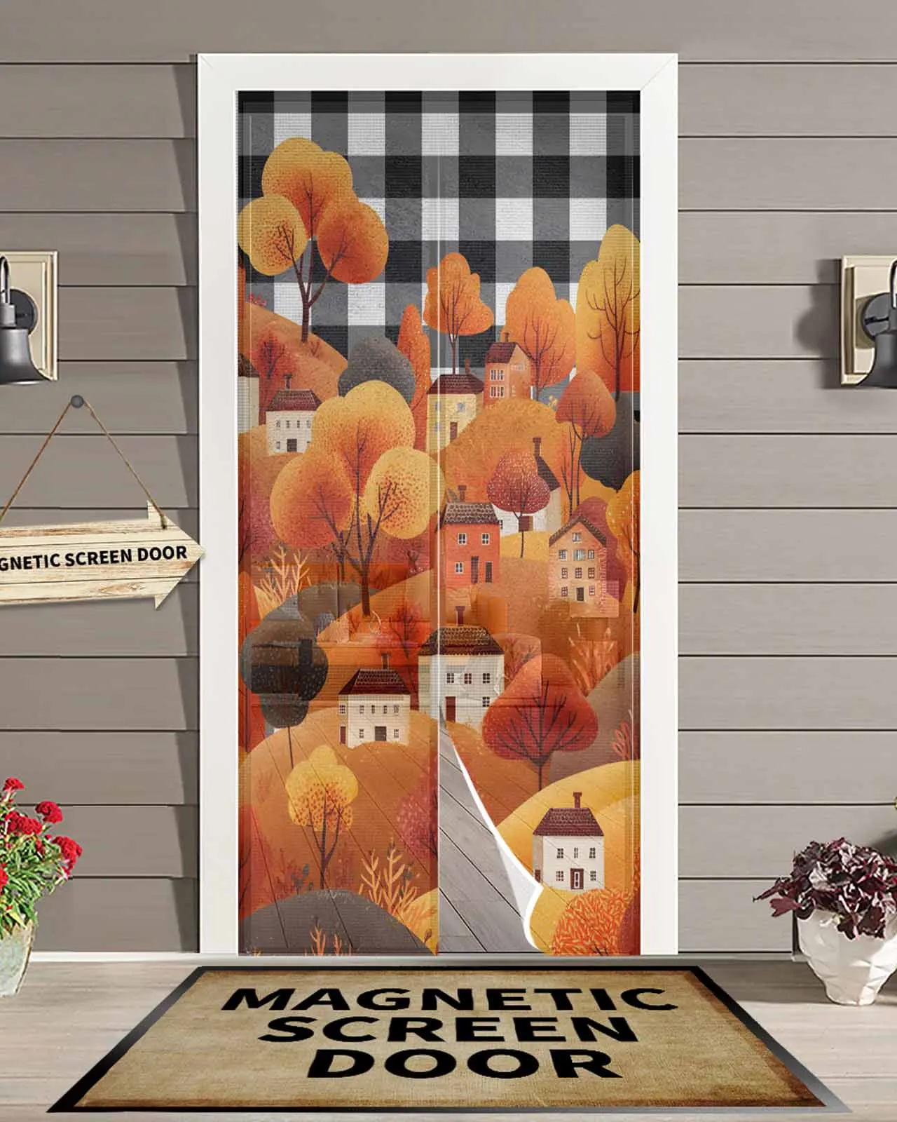 

Autumn Hills House Plaid Magnetic Door Curtain Living Room Bedroom Home Anti-mosquito Screen Door Curtain