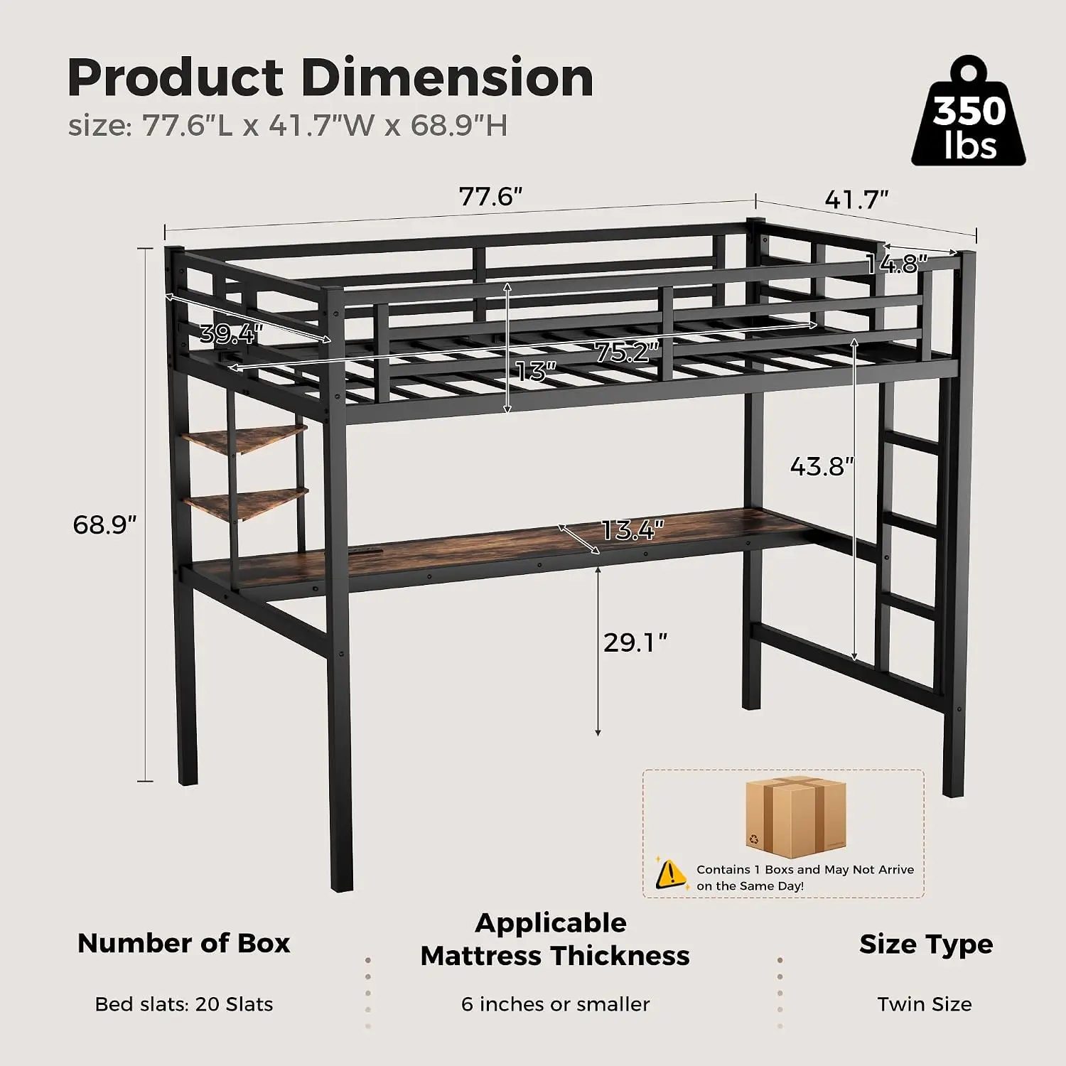 Twin Loft Bed with Desk, USB Charging Station, LED Light and 2 Storage Shelves, Metal Heavy Duty Loft Bed Twin Size for Adults,