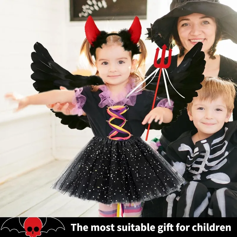 Ali di angeli neri, costumi di Halloween, angeli neri, accessori di abbigliamento da angelo, corno da diavolo, tridente da diavolo