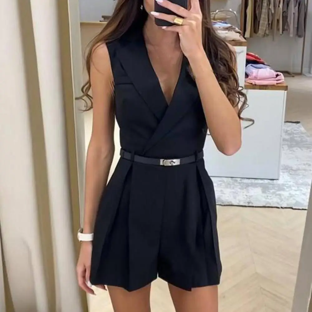 

Short Jumpsuit Elegant V Neck Romper for Women Chic Formal Style Jumpsuit with Pleated Detail Slim Fit Above Knee Length Summer