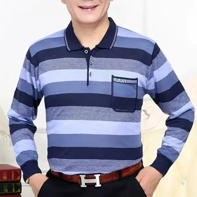 2023 New Spring and Autumn Stripes Casual Contrast Versatile Polo Collar Long Sleeve Simple Grandpa Commuter Style Men's Top image 4