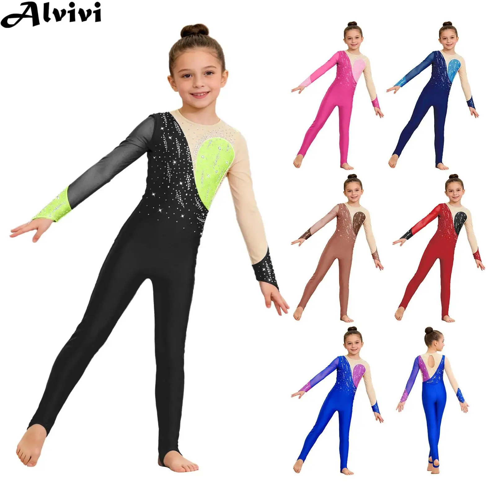 Kids Girls Figure Skating Gymnastics Ballet Dance Acrobatics Stirrup Leotard Long Sleeve Shiny Rhinestones Sheer Mesh Jumpsuit