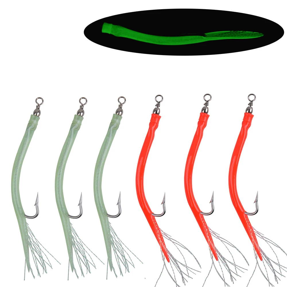 6Pcs Long shank Fishing hooks striped Bass fishing lure Sand Eel offset hook Luminous Silicone Tube Flash Cod Teaser bait rigs