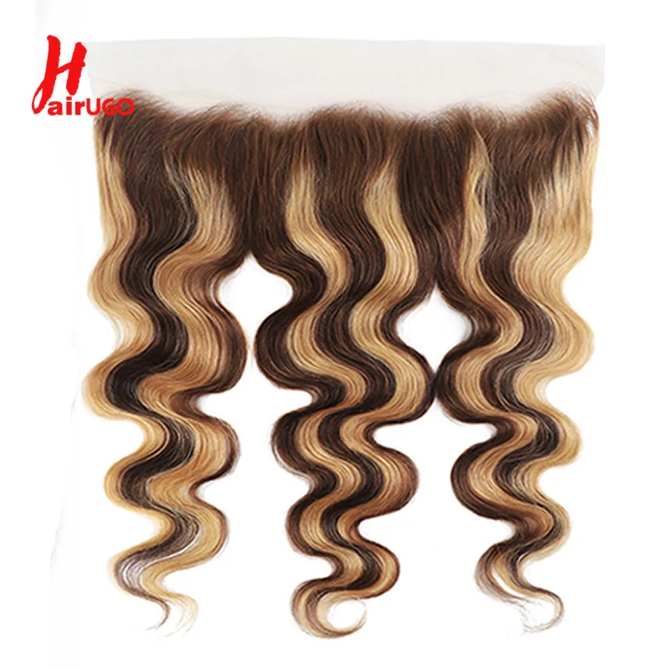 HairUGo-Cabello Humano ondulado de 13x4, postizo de encaje Frontal 100%, Remy, brasileño, transparente, P4/27