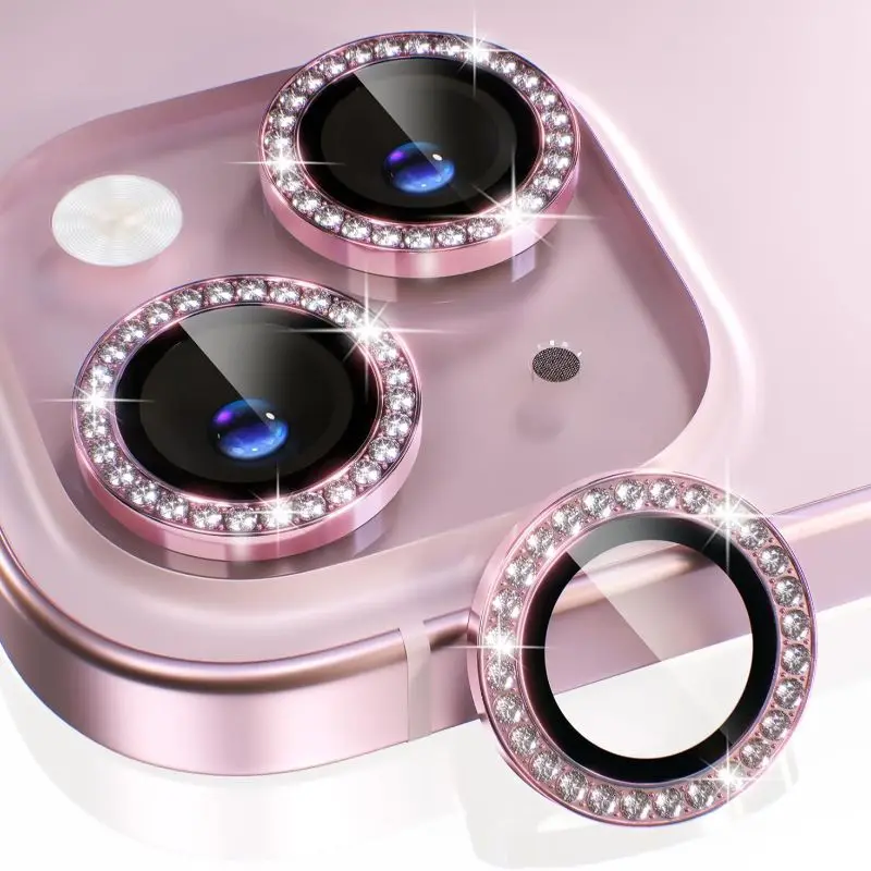 1PC Pink Glitter Diamond Camera Lens Protector for iPhone 17 16 15 14 13-11 Pro Max 9H Tempered Glass Case Friendly Anti-Scratch