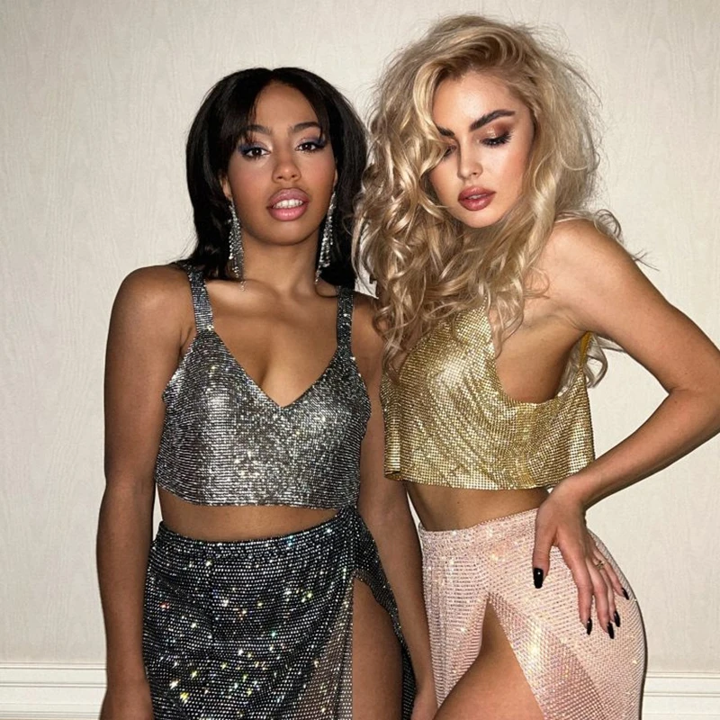 Sparkly Diamond Sexy V Neck Women Crop Tops Backless Spaghetti Strap Festival Party Tank Top Nightclub Rave Rhinestone Camis